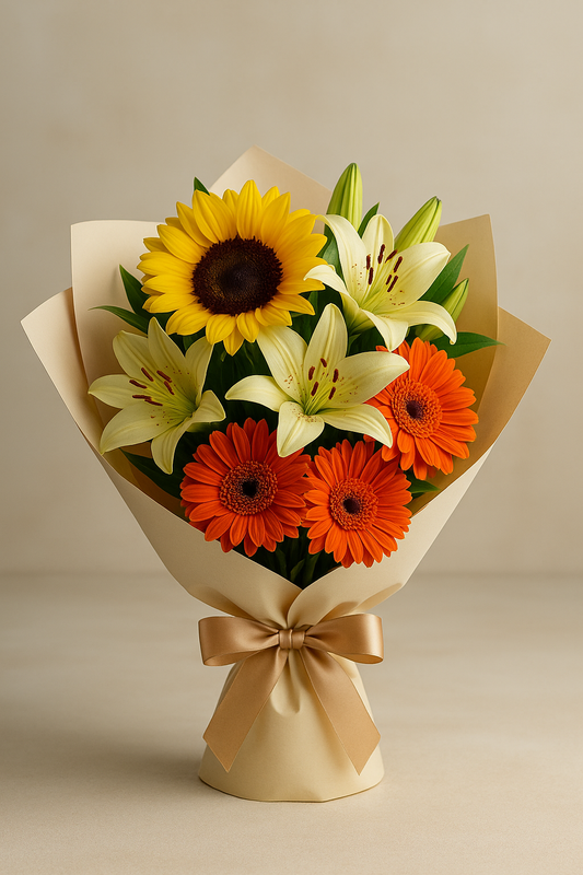 A beautiful bouquet of fresh flowers featuring sunflowers, gerberas, and lilies wrapped in cream paper with a satin ribbon, perfect for summer celebrations.