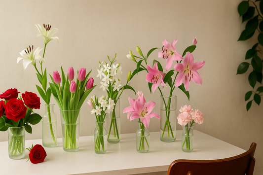 Fresh flower bouquets in glass vases on a white table – featuring lilies, tulips, orchids, and mixed seasonal flowers, perfect for a blog on how to make flowers last longer.