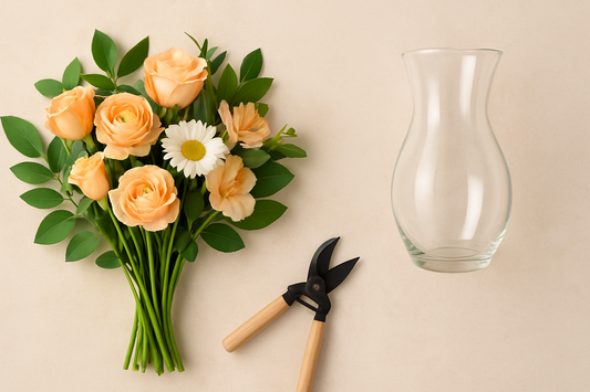 Step-by-step infographic guide on how to prepare a bouquet for a vase, showing five steps: select the right vase, trim the stems, remove extra leaves, add fresh water, and arrange flowers with care.
