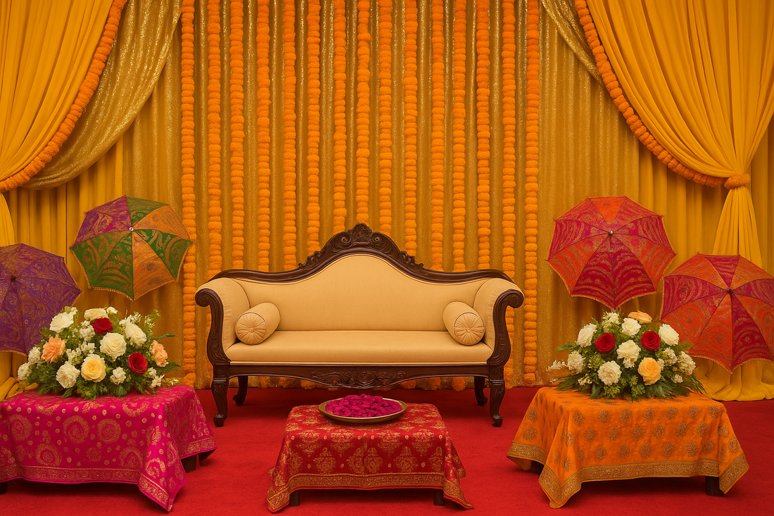 Vibrant Mehndi stage decoration with marigold garlands, roses, golden sofa, colorful drapes, lanterns, and floral arrangements – traditional Pakistani wedding setup.