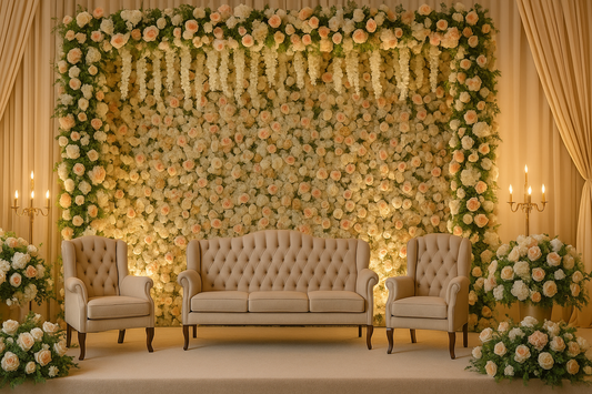 Elegant Pakistani wedding stage decoration 2025 with a luxury floral wall of roses and wisteria, pastel flower arrangements, chandeliers, and stylish seating