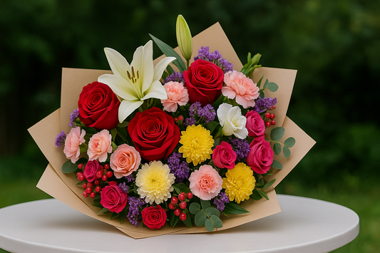 Fresh mixed flower bouquet with red roses, white lilies, pink carnations, yellow chrysanthemums, and purple blooms arranged in beige wrapping on a table – professional floral arrangement for online flower delivery in Islamabad, Pakistan.