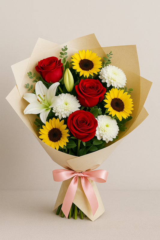 A high-resolution photograph showcasing a vibrant bouquet featuring red roses, yellow sunflowers, white lilies, and colorful gerberas, wrapped in cream paper with a satin ribbon, perfect for any occasion.