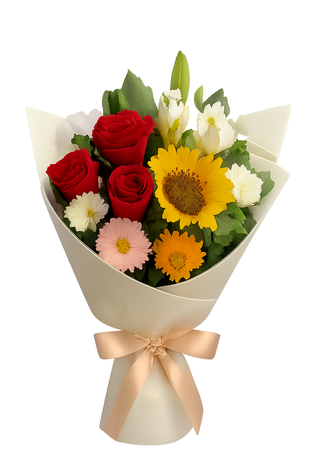 A vibrant bouquet featuring red roses, yellow sunflowers, white lilies, and gerberas wrapped in cream paper with a pink satin ribbon, perfect for any occasion.