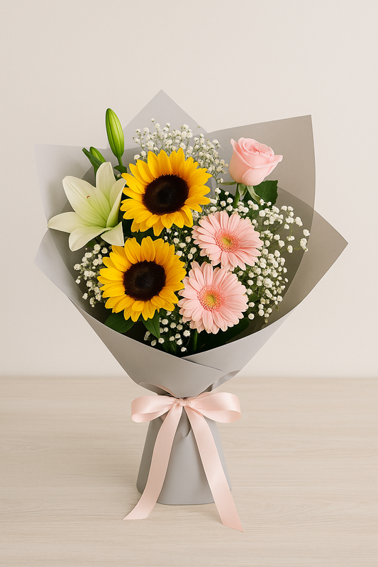 Fresh flower bouquet with roses, lilies, and sunflowers — perfect for all occasions with same-day delivery in Pakistan.