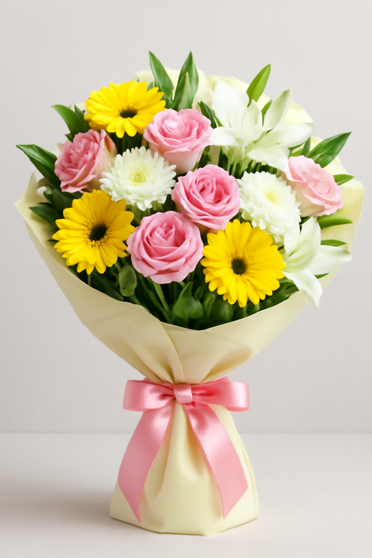 A high-resolution bouquet featuring pink roses, yellow gerberas, white chrysanthemums, and white lilies wrapped in cream paper with a pink satin ribbon, ideal for gifting on any occasion.