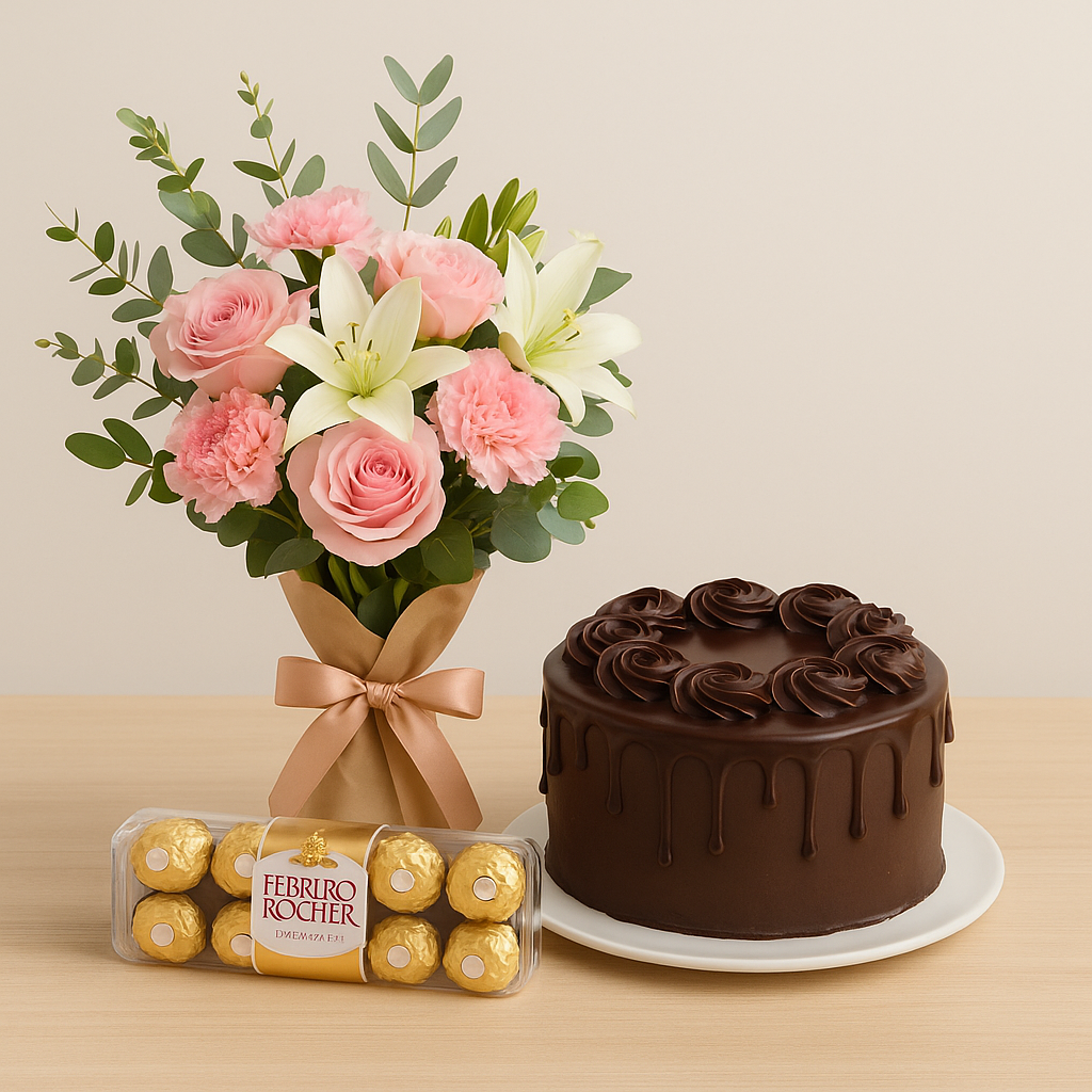 Fresh flower bouquet combo with chocolate and cake – perfect gift set for special occasions.