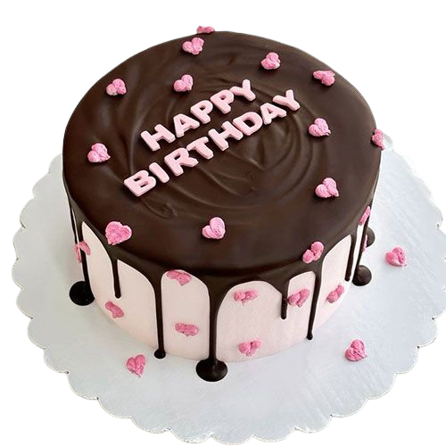 2-pound chocolate birthday cake with ganache topping, pink heart decorations, and “Happy Birthday” written on top.