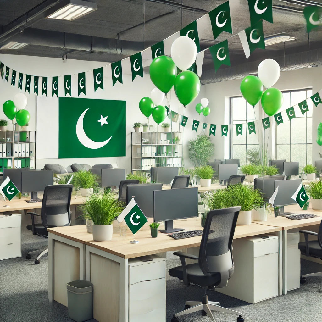 A professional office decoration for 14th August with green and white balloons, Pakistani flags, and banners.