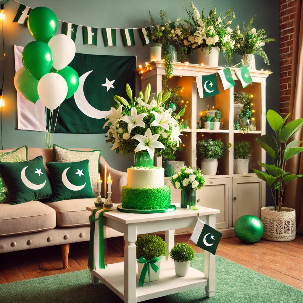 An elegant room decoration setup for 14th August with a floral centerpiece, cake, balloons, and Pakistani flags.