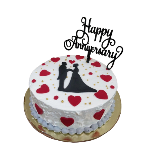 Anniversary cake with bride and groom silhouette, red hearts, golden pearls, and Happy Anniversary topper.