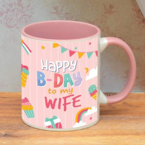 Pink ceramic mug with “Happy B-Day to My Wife” and colorful birthday illustrations