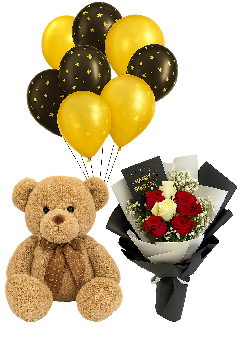 Birthday gift combo with red and white rose bouquet, brown teddy bear, gold and black star balloons, and greeting card.