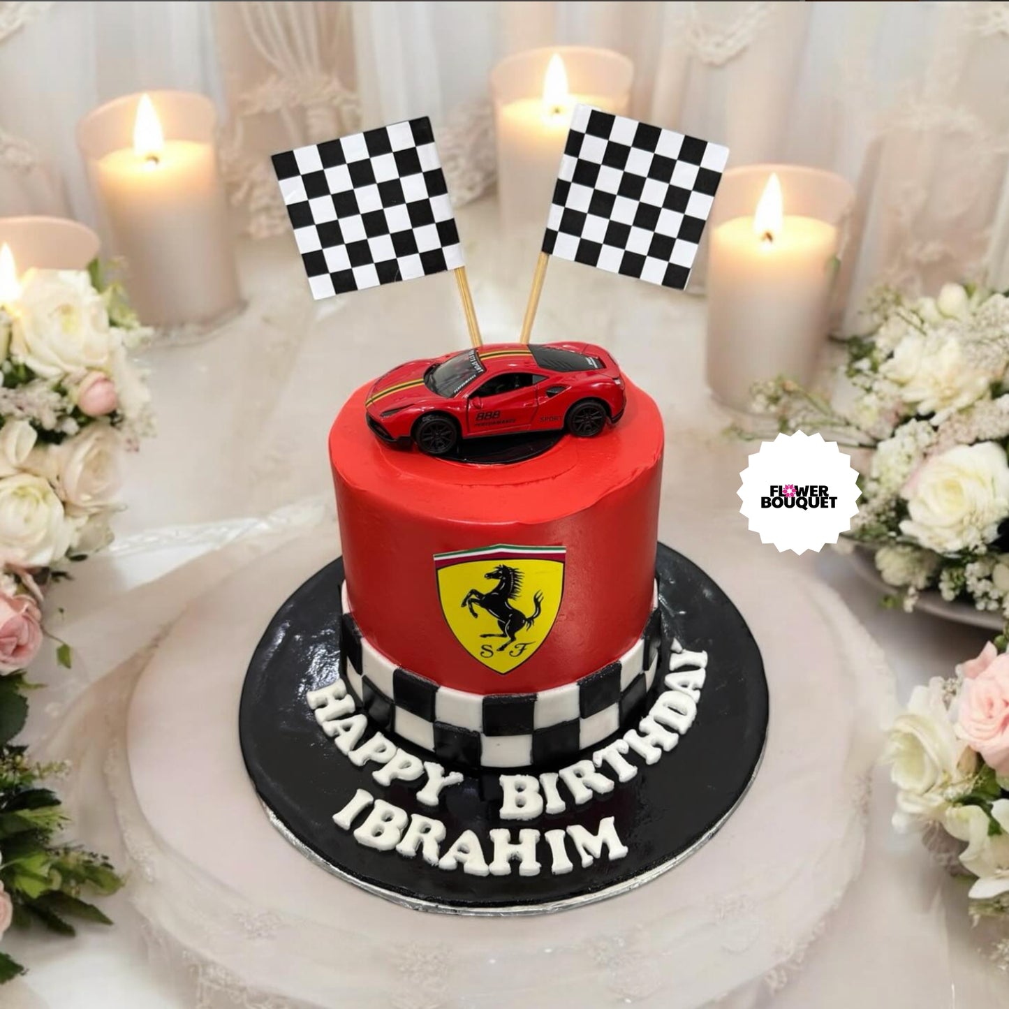Ferrari-themed birthday cake with red toy car, checkered flags, Ferrari logo, and racing-inspired decorations.