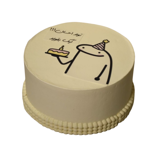 Cartoon-themed birthday cake with cream frosting, decorated with a character in a party hat holding a cake with a candle.