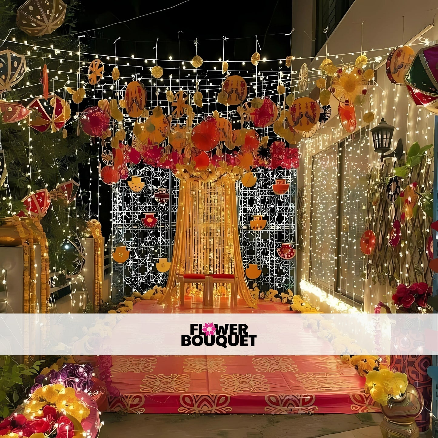 Mehndi decor with vibrant drapes, colorful cushions, and traditional elements for a lively and festive ambiance.