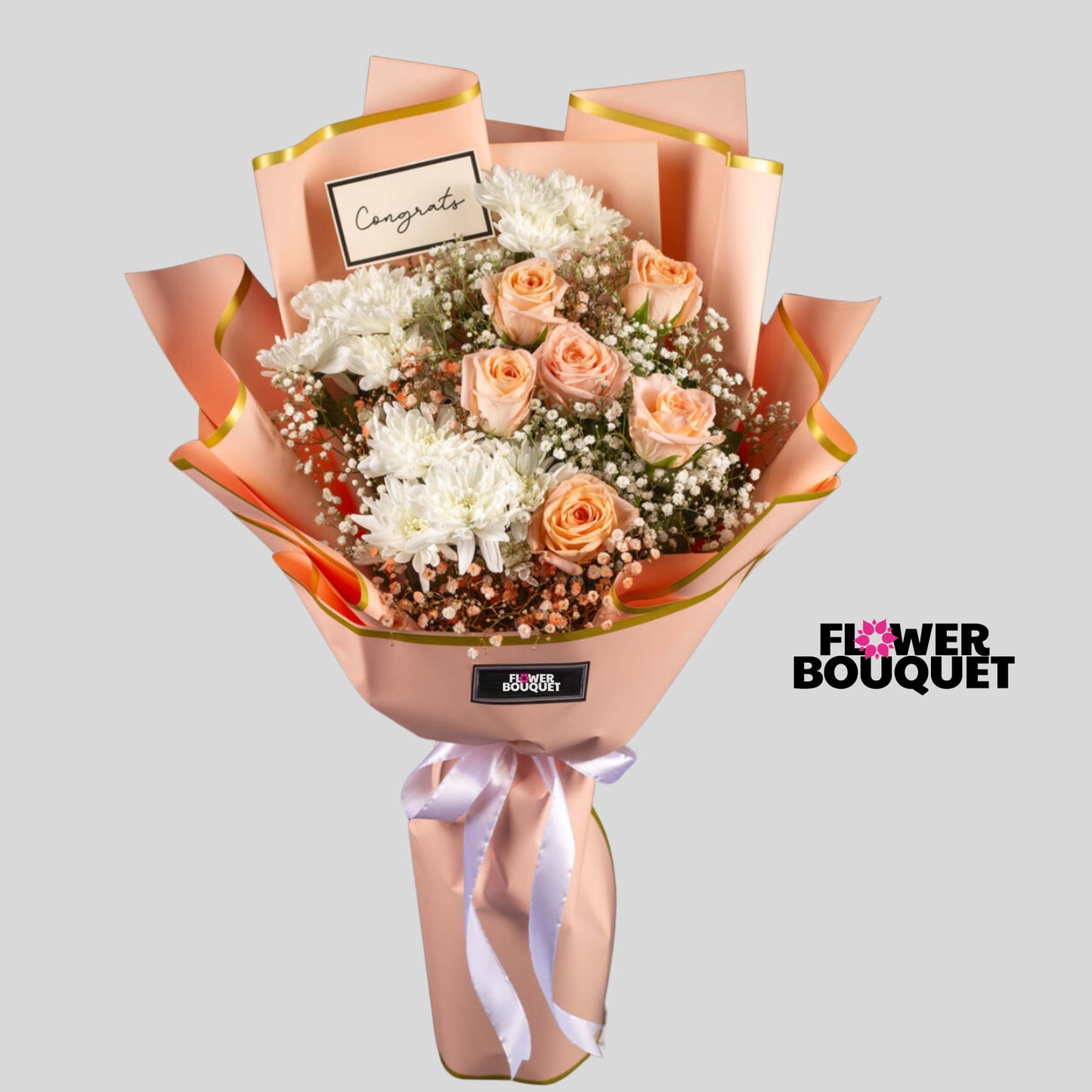 peach flower bouquet in very unique wrapping with premium flowers