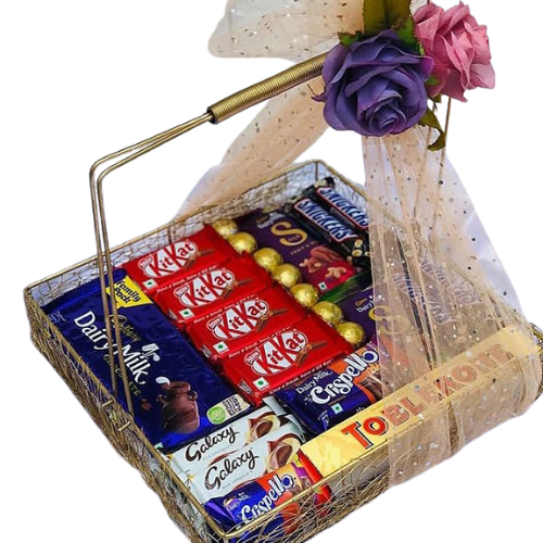 Custom chocolate basket with Ferrero, KitKat, Galaxy & Toblerone for delivery in Pakistan