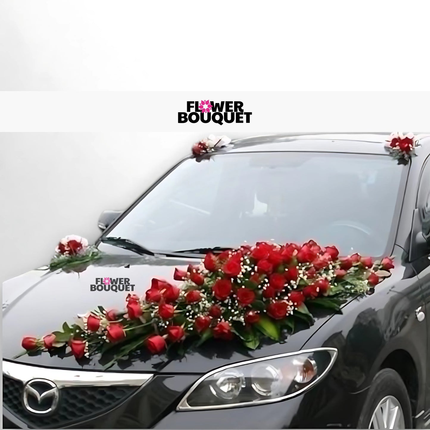 Gray Mazda decorated with cascading red roses and baby's breath on hood, small floral accents on roof, Flower Bouquet logo visible.