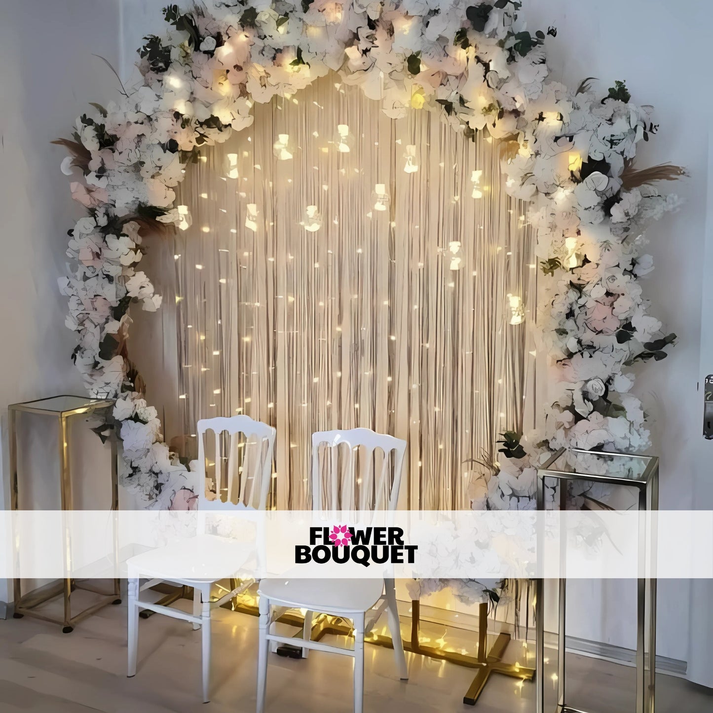 A beautiful floral arch with red, white, and pink flowers surrounding a white sofa, with the words "Better Together" in the background.
