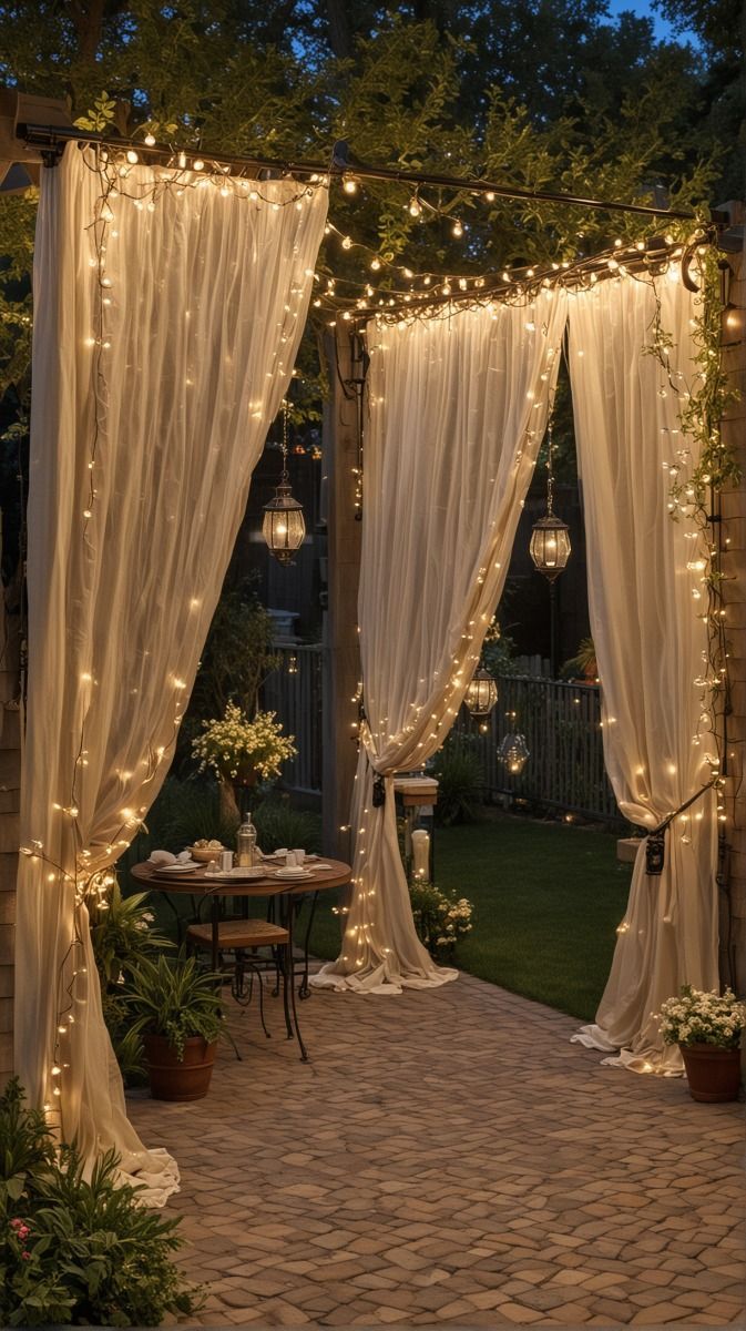 A garden entrance adorned with lighted drapes, creating a glowing, inviting atmosphere for outdoor events.