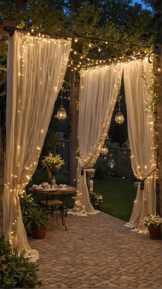 A garden entrance adorned with lighted drapes, creating a glowing, inviting atmosphere for outdoor events.