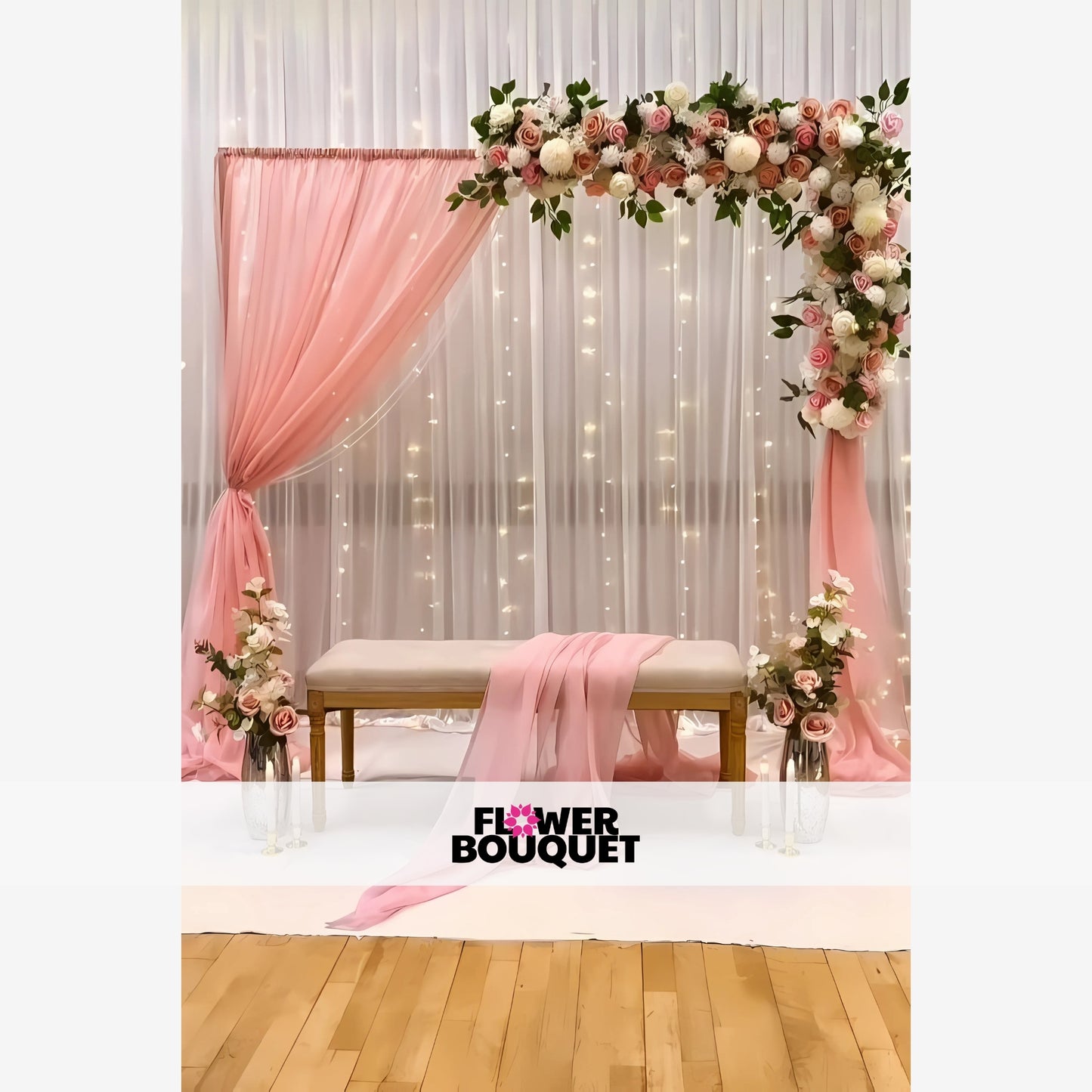 Pink Nikah backdrop with floral arch and warm lights.