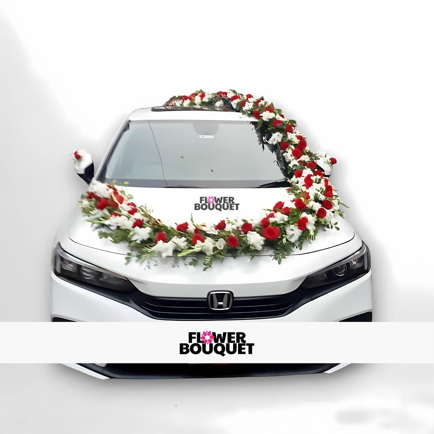 White Honda car decorated with a garland of red and white flowers.
