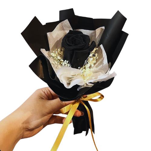 Elegant single black rose bouquet with white accents and golden ribbon – luxury romantic floral gift