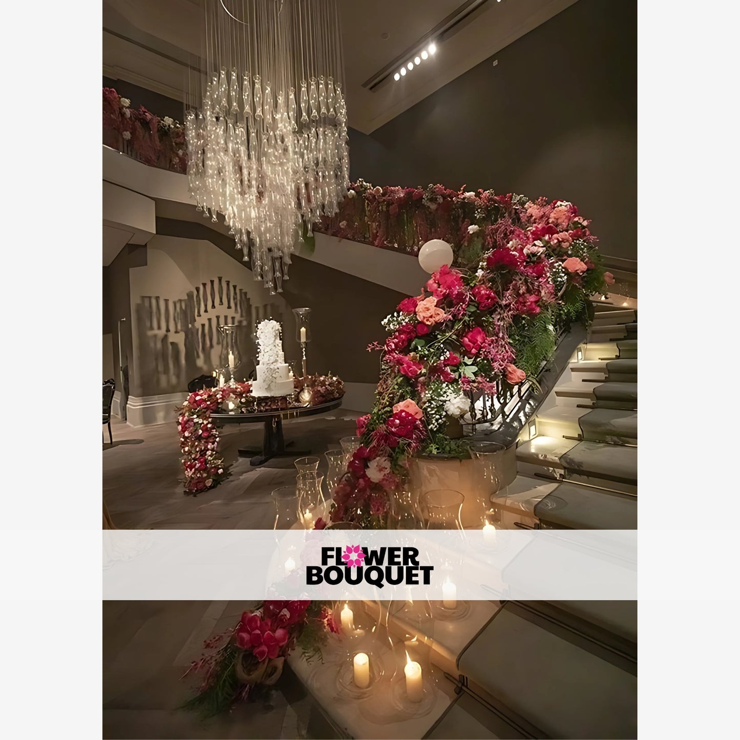 A grand, opulent staircase adorned with a breathtaking display of lush, vibrant floral arrangements, creating a captivating and luxurious ambiance.