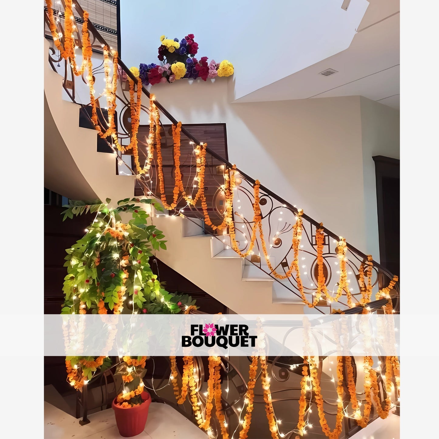 A grand staircase adorned with a captivating display of vibrant floral garlands, twinkling lights, and lush greenery, creating a warm and inviting ambiance.