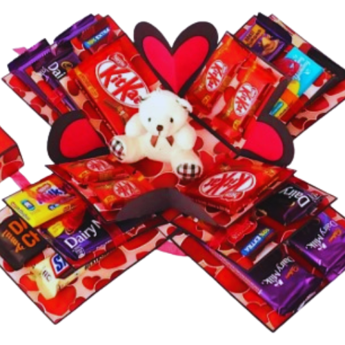 Explosion chocolate gift box with teddy bear – romantic red surprise box with chocolates for Valentine’s Day and anniversaries in Pakistan