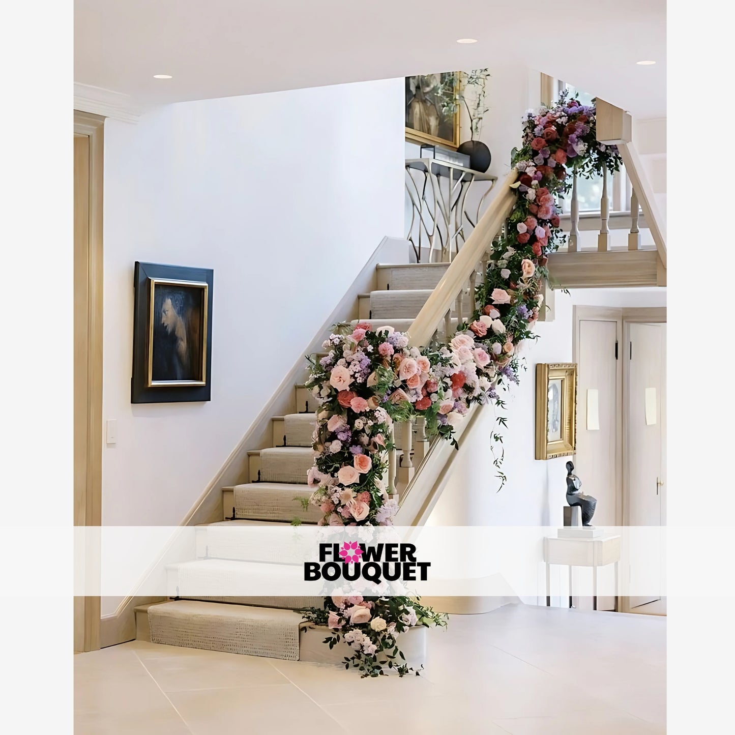 Soft pastel floral garland featuring roses and greenery elegantly decorating a wooden staircase, perfect for weddings and upscale events.