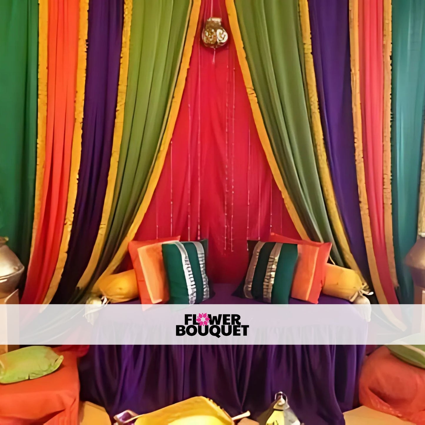 Mehndi stage with a floral arch, multicolored drapes, and fairy lights for an elegant and festive celebration.
