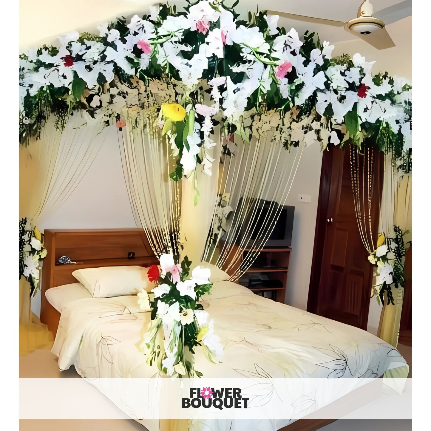 Floral Canopy Bedroom Decor with white, pink, and yellow flowers, lush greenery, light-colored bedspread, and floral pattern.