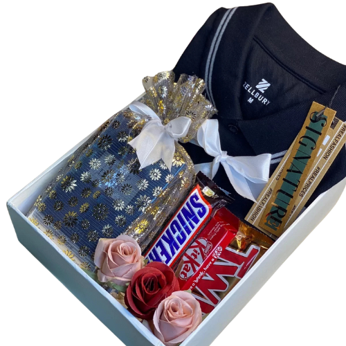 Gift box for him with polo T-shirt, Bonanza Satrangi perfume, chocolates, and roses