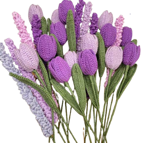 Handmade crochet bouquet with purple tulips and lavender stems in lilac and violet tones.
