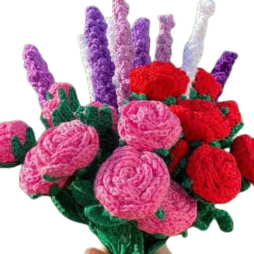 Handmade crochet mixed bouquet with pink and red roses, purple and white lavender stems.