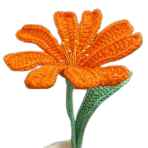 Handmade crochet orange daisy flower with green stem and leaves.