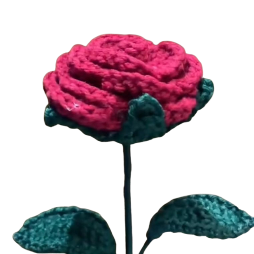 Handmade crochet red rose with green leaves on a long yarn stem.