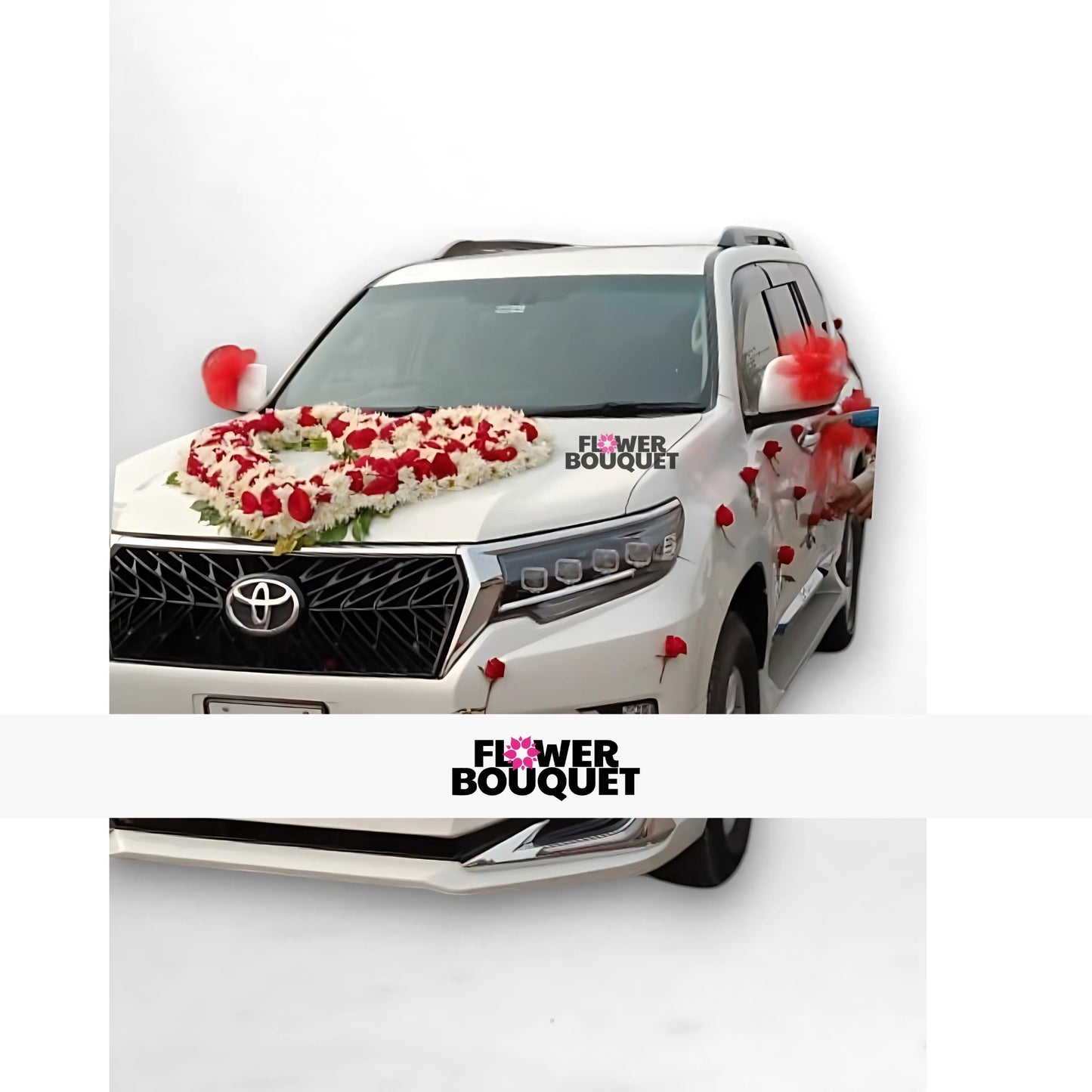 White Toyota SUV decorated with a heart-shaped floral arrangement of red and white flowers on the hood.