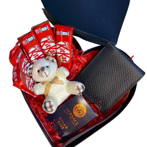 Heart-shaped boyfriend gift box with KitKat chocolates, teddy bear, Versace pocket perfume, and black wallet