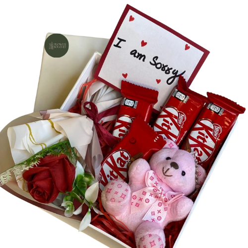 I’m Sorry gift box with KitKat chocolates, red and white roses, teddy bear, and apology card – thoughtful romantic gesture