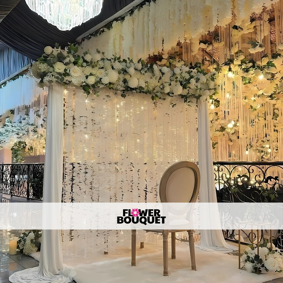 Luxurious floral Nikah stage with a white canopy, floral decor, and soft hanging lights for a sophisticated wedding ambiance.