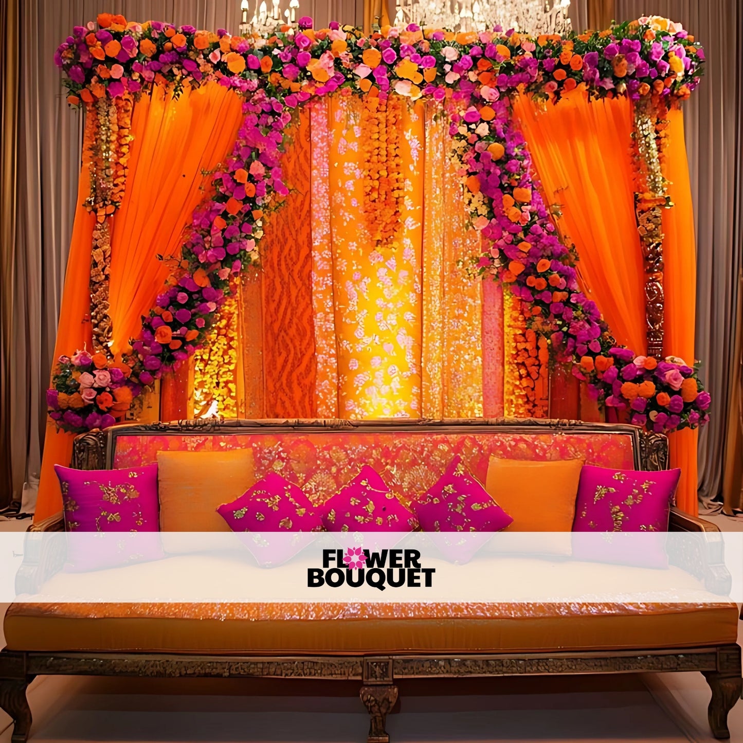 Mehndi stage with a floral canopy of pink and orange roses, orange drapes, and a golden sofa with matching cushions for an elegant decor setup