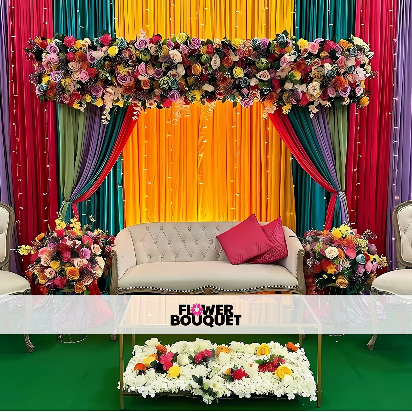 A luxurious Mehndi stage setup with a white sofa, vibrant cushions, floral canopy, and a backdrop of multicolored drapes.