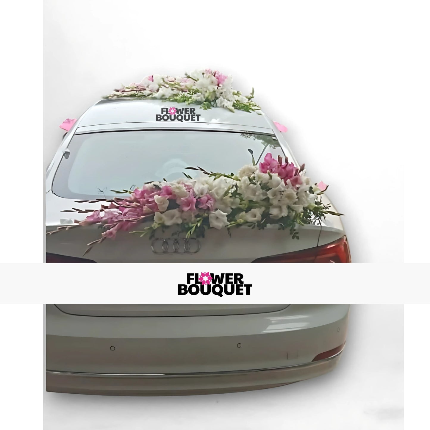 Rear view of a white Audi car decorated with pink and white flowers.