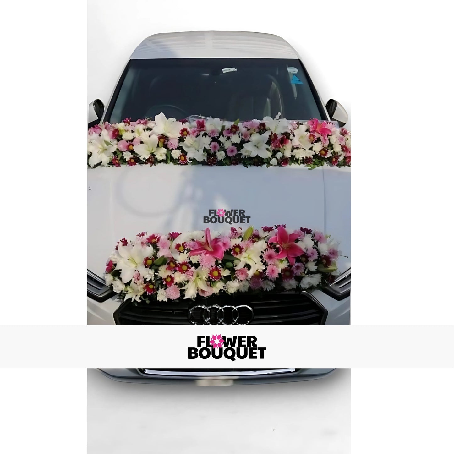 White Audi car decorated with white and pink flowers on the hood.