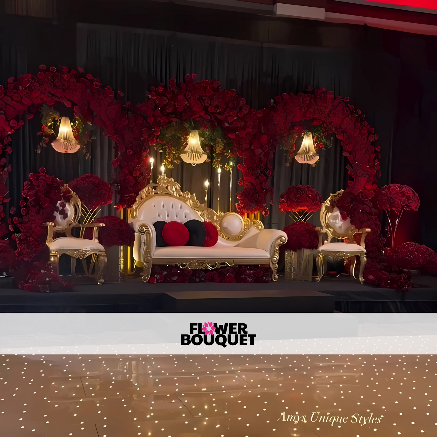 Luxurious wedding stage setup featuring red rose floral arches, a white and gold sofa, matching chairs, and ambient lighting, perfect for elegant events.