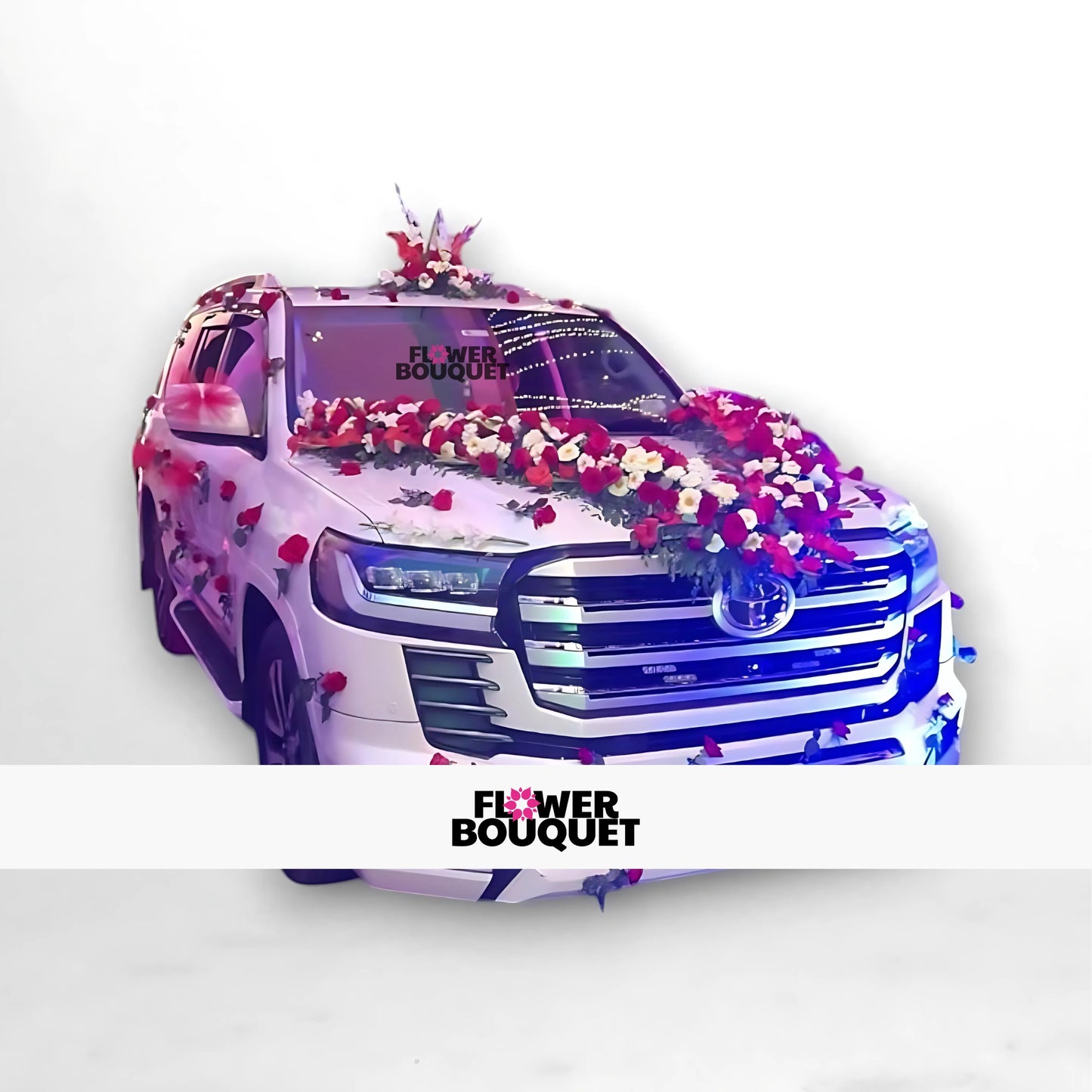 White Luxury Land Cruiser V8 decorated with red and white flowers, petals, and ribbons for weddings, Flower Bouquet logo visible.